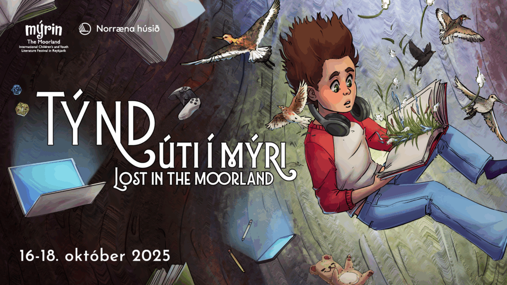 Poster image shows a kid falling through a landscape full of birds and grass. The kid is holding onto a book, and there are books, a phone and a computer falling around them